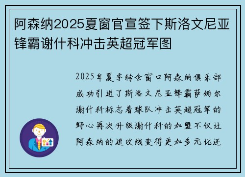 阿森纳2025夏窗官宣签下斯洛文尼亚锋霸谢什科冲击英超冠军图